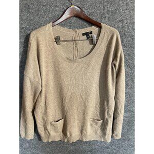 Aqua Cashmere Sweater Womens Large Beige Scoop Neck Pullover Pockets Button Back